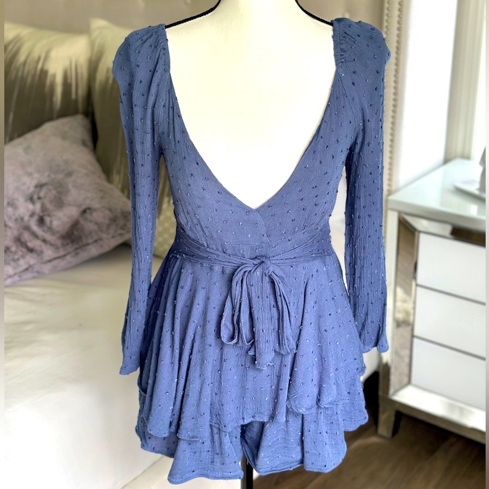 Greyish Blue Long-sleeve Romper